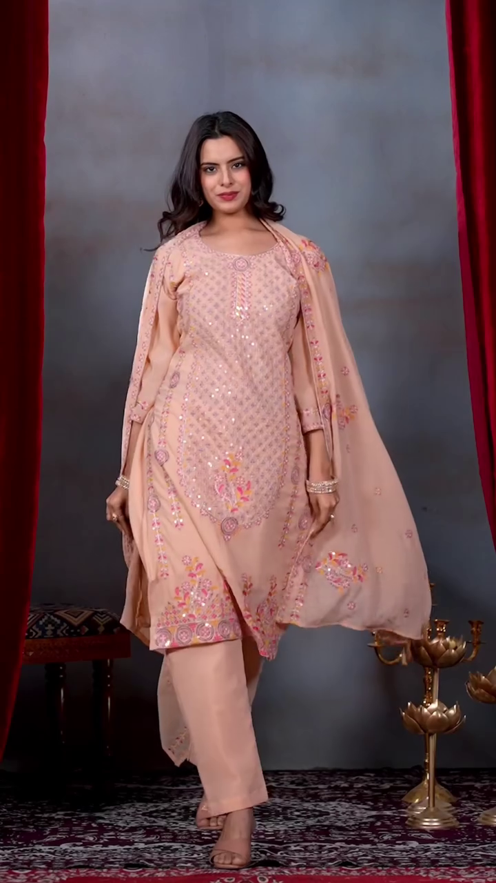 Peach Heavy Embroidered Sequence Kurta Pant Dupatta Set