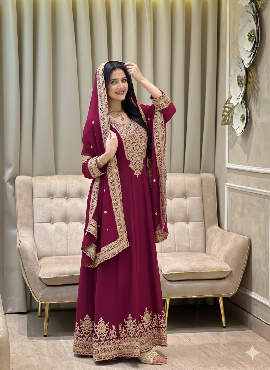 Heavy Embroidery Sequence Work Eid Special Gown with Dupatta