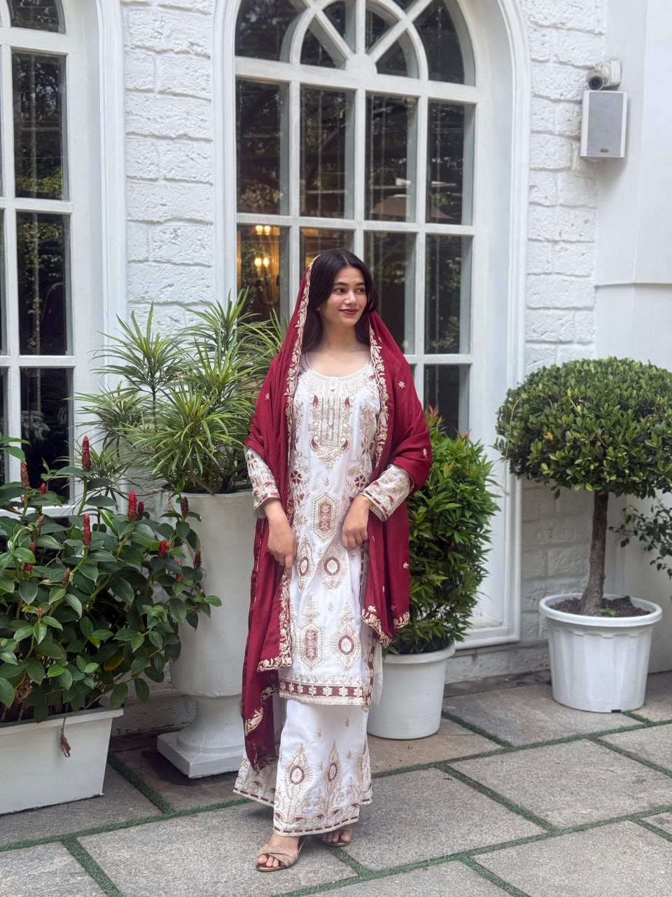 Eid Special Embroidery Pure Chinon Silk Kurta & Plazo Set with Dupatta
