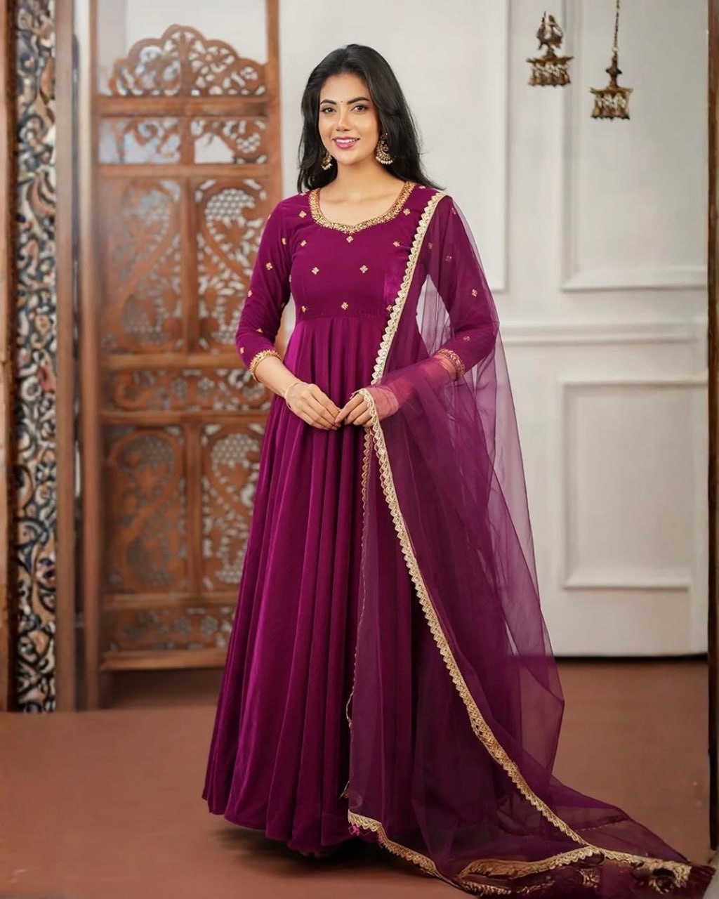 Royal Wine Embroidery Velvet Gown with Net Dupatta