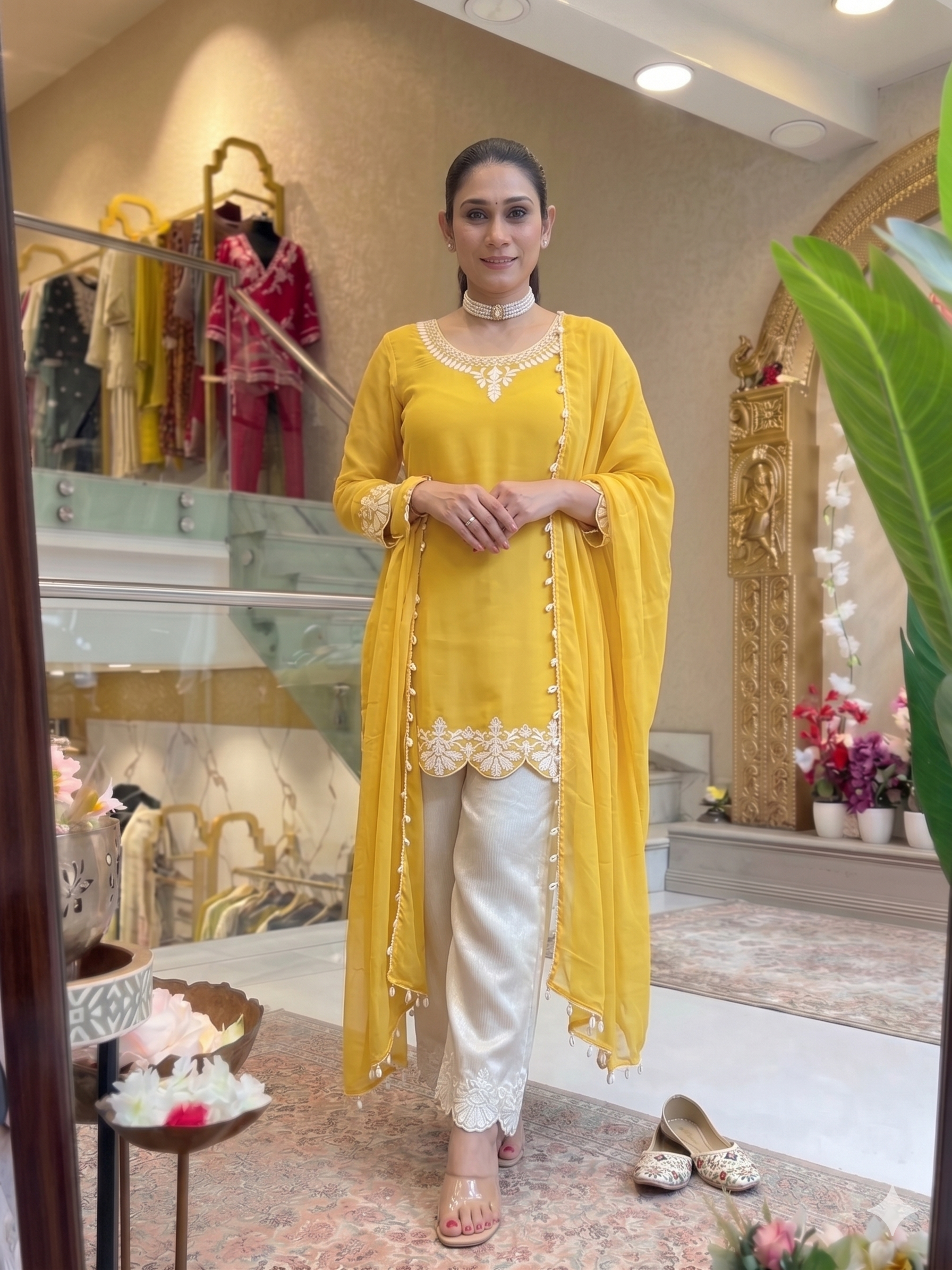 Embroidered Georgette Kurti Pant Set with Dupatta