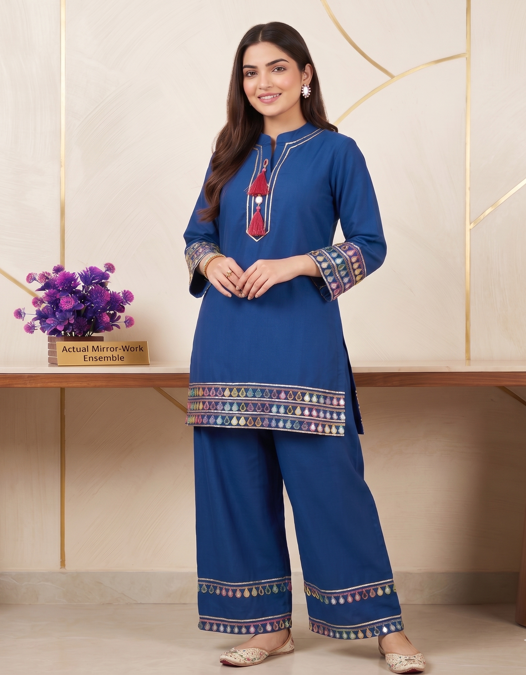 Royal Blue Roman Silk Mirror Work Kurta Palazzo Set