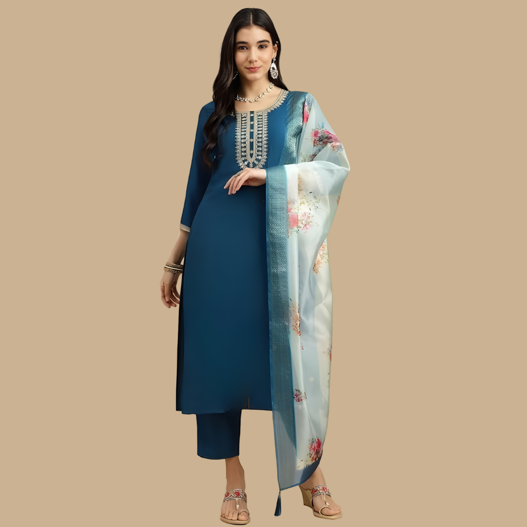 Teal Blue Embroidered Rayon Slub Kurta Pant Dupatta Set