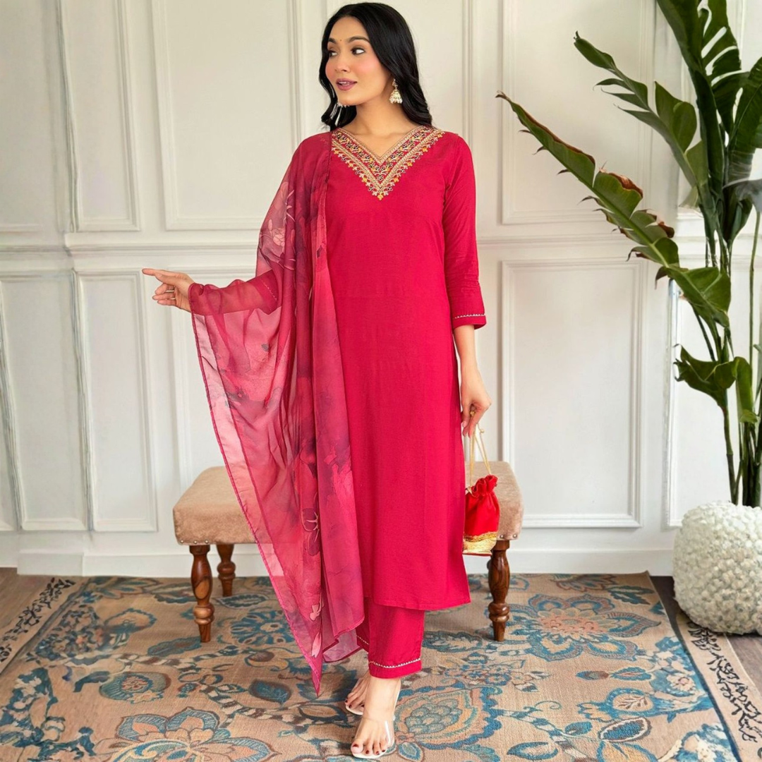 Rani Pink Embroidered Rayon Slub Kurta Pant Dupatta Set