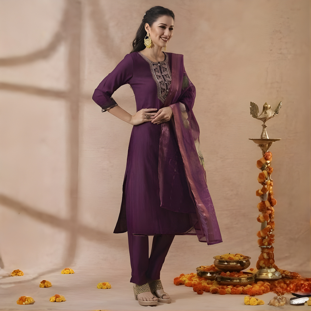 Wine Purple Embroidered Magic Cotton Kurta Pant Dupatta Set