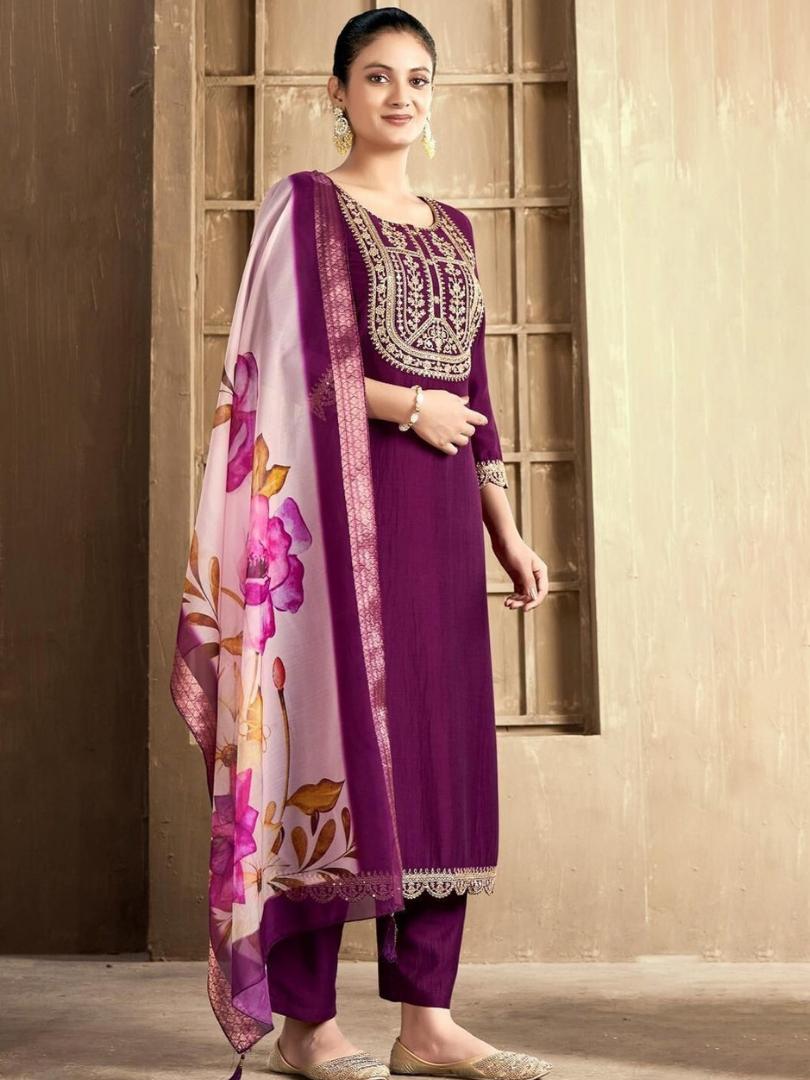 Wine Purple Embroidered Rayon Slub Kurta Pant Dupatta Set