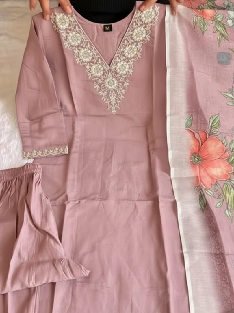 Blush Pink Embroidered Rayon Slub Kurta Pant Dupatta Set