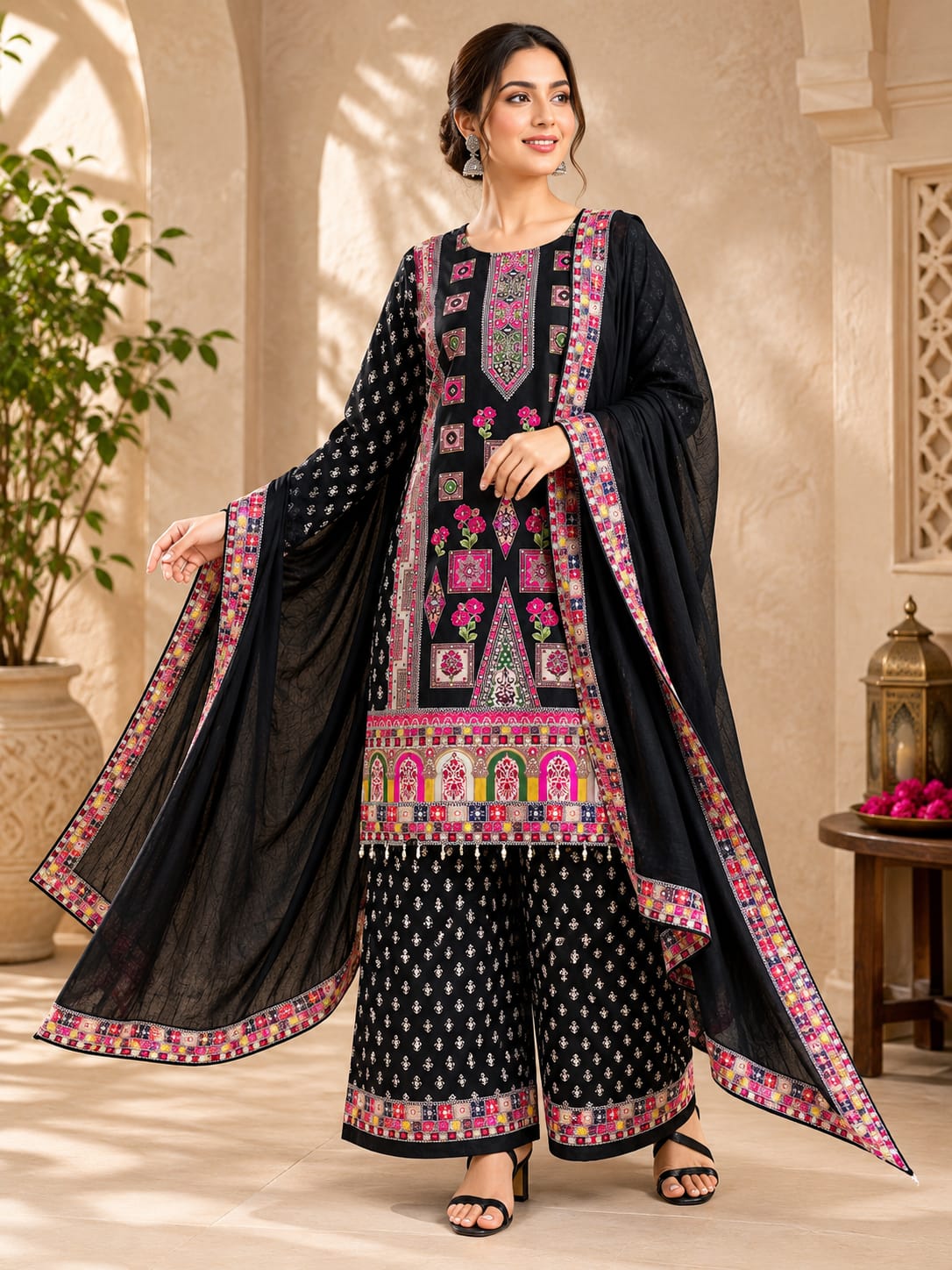 Women Designer Pure Chinon Silk Printed Kurta Palazzo Set with Dupatta