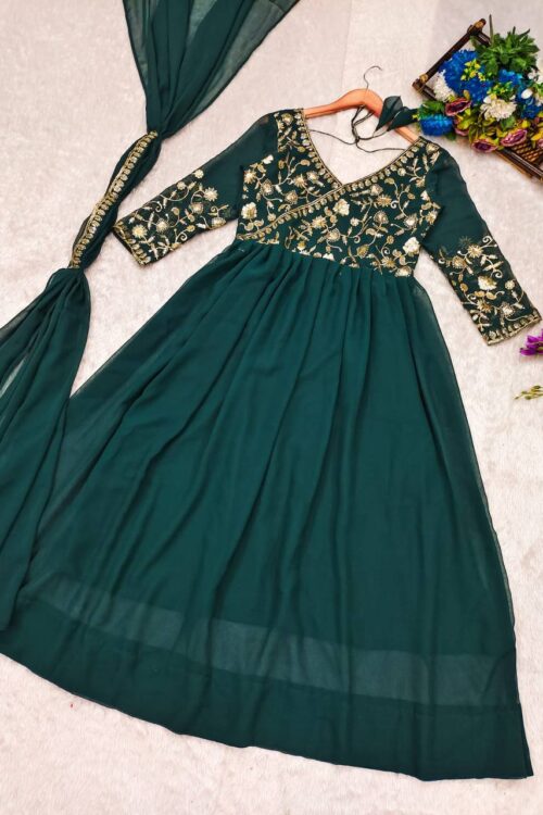 This elegant dark green Georgette Anarkali gown