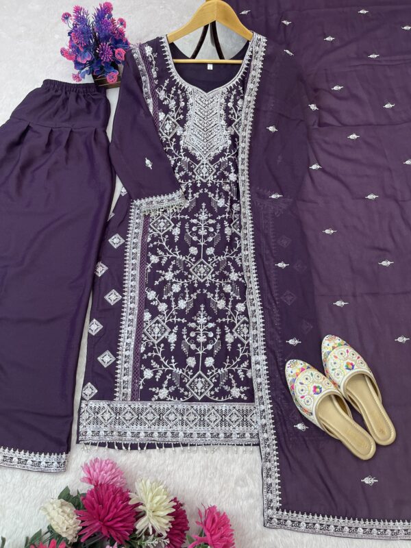 Elegant Sequence Embroidered Faux Georgette Top with Farsi Plazzo & Dupatta Set - Image 7