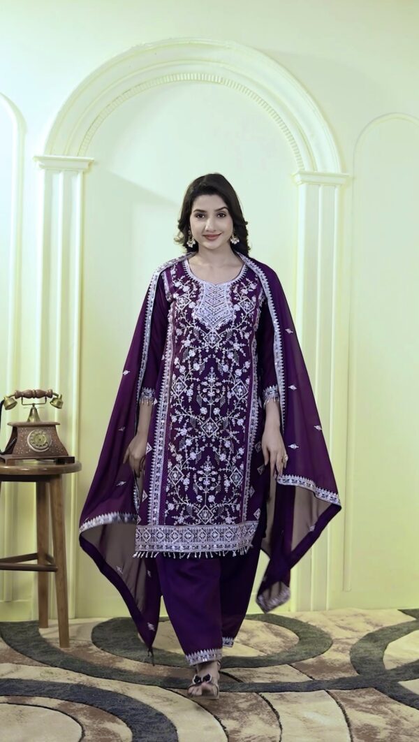 Elegant Sequence Embroidered Faux Georgette Top with Farsi Plazzo & Dupatta Set