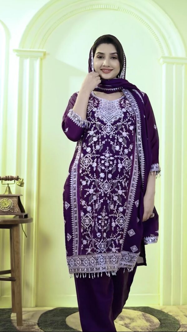 Elegant Sequence Embroidered Faux Georgette Top with Farsi Plazzo & Dupatta Set - Image 3