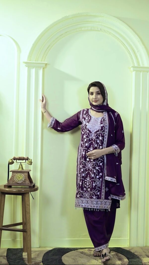 Elegant Sequence Embroidered Faux Georgette Top with Farsi Plazzo & Dupatta Set - Image 2