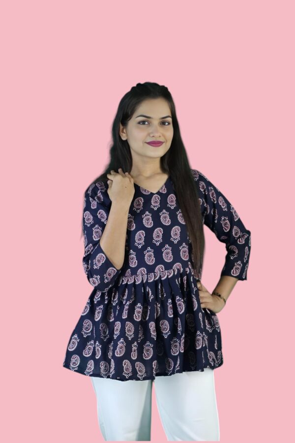 Navy Blue Printed Magic Cotton Short Kurti - Image 4