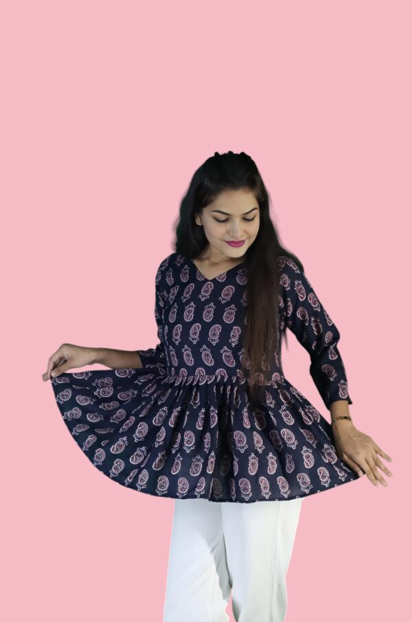 Navy Blue Printed Magic Cotton Short Kurti - Image 3