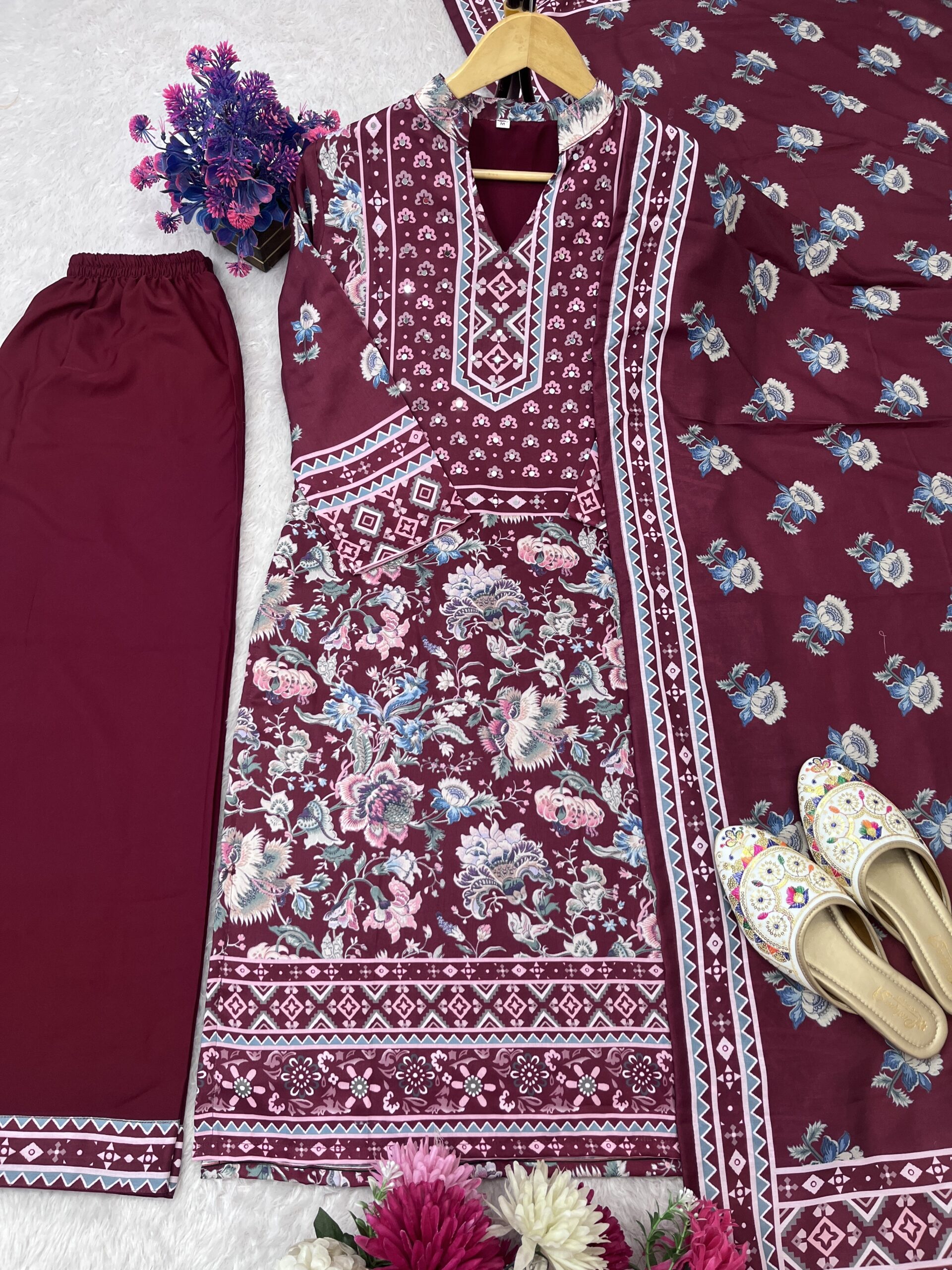 Maroon Bloom – Festival Special Maslin Silk Printed Suit with Palazzo & Dupatta - Image 3