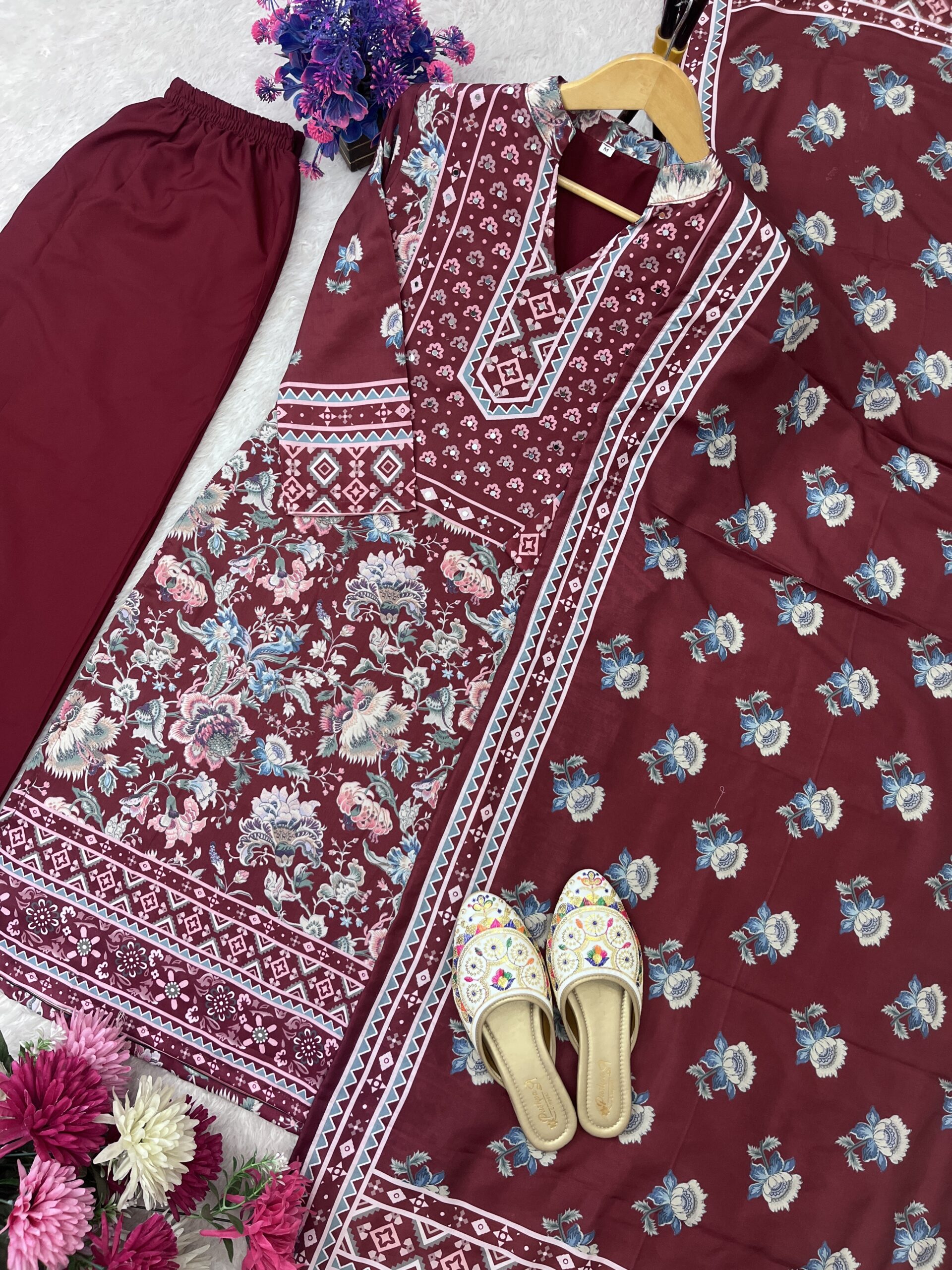 Maroon Bloom – Festival Special Maslin Silk Printed Suit with Palazzo & Dupatta - Image 5