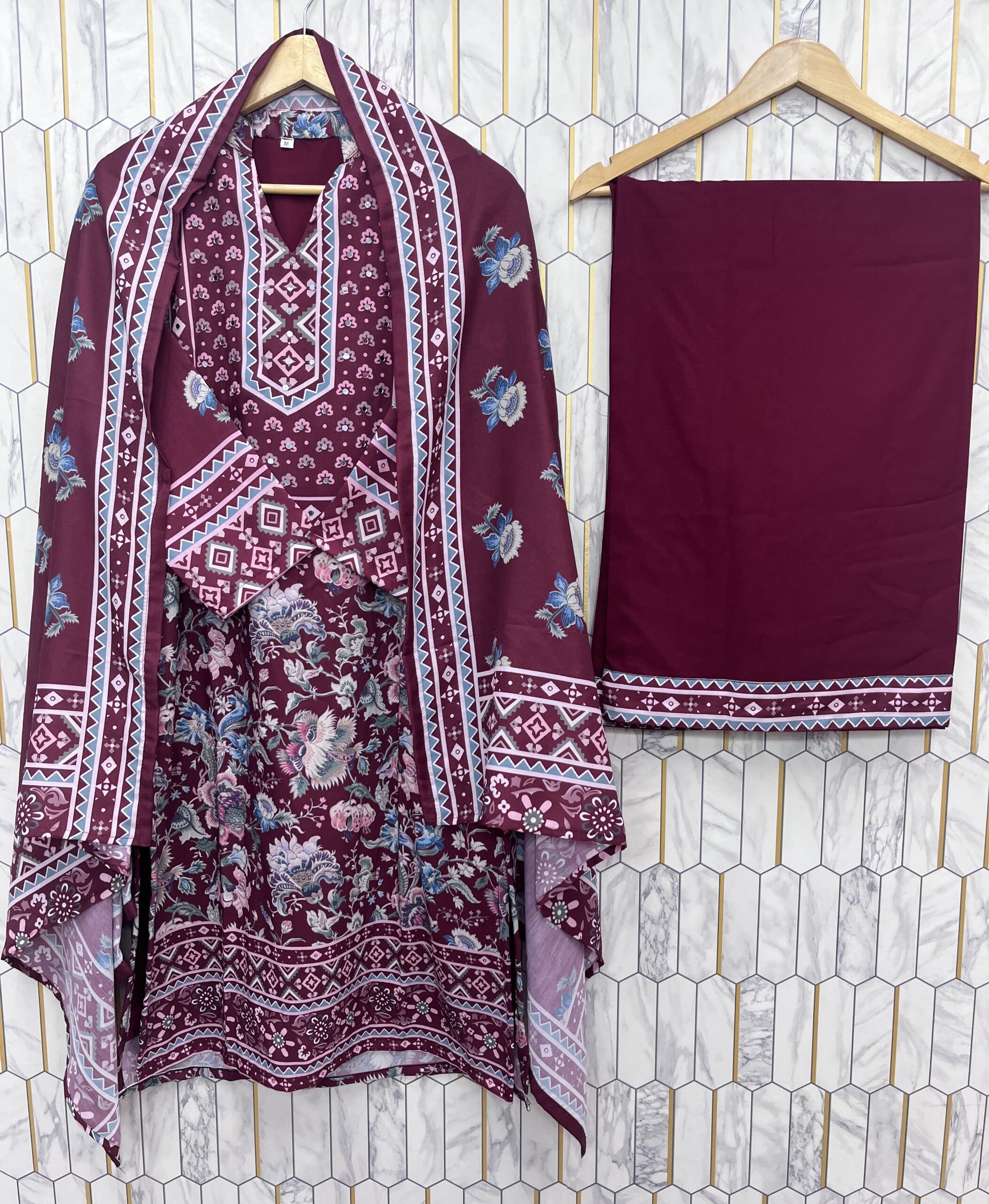 Maroon Bloom – Festival Special Maslin Silk Printed Suit with Palazzo & Dupatta - Image 4