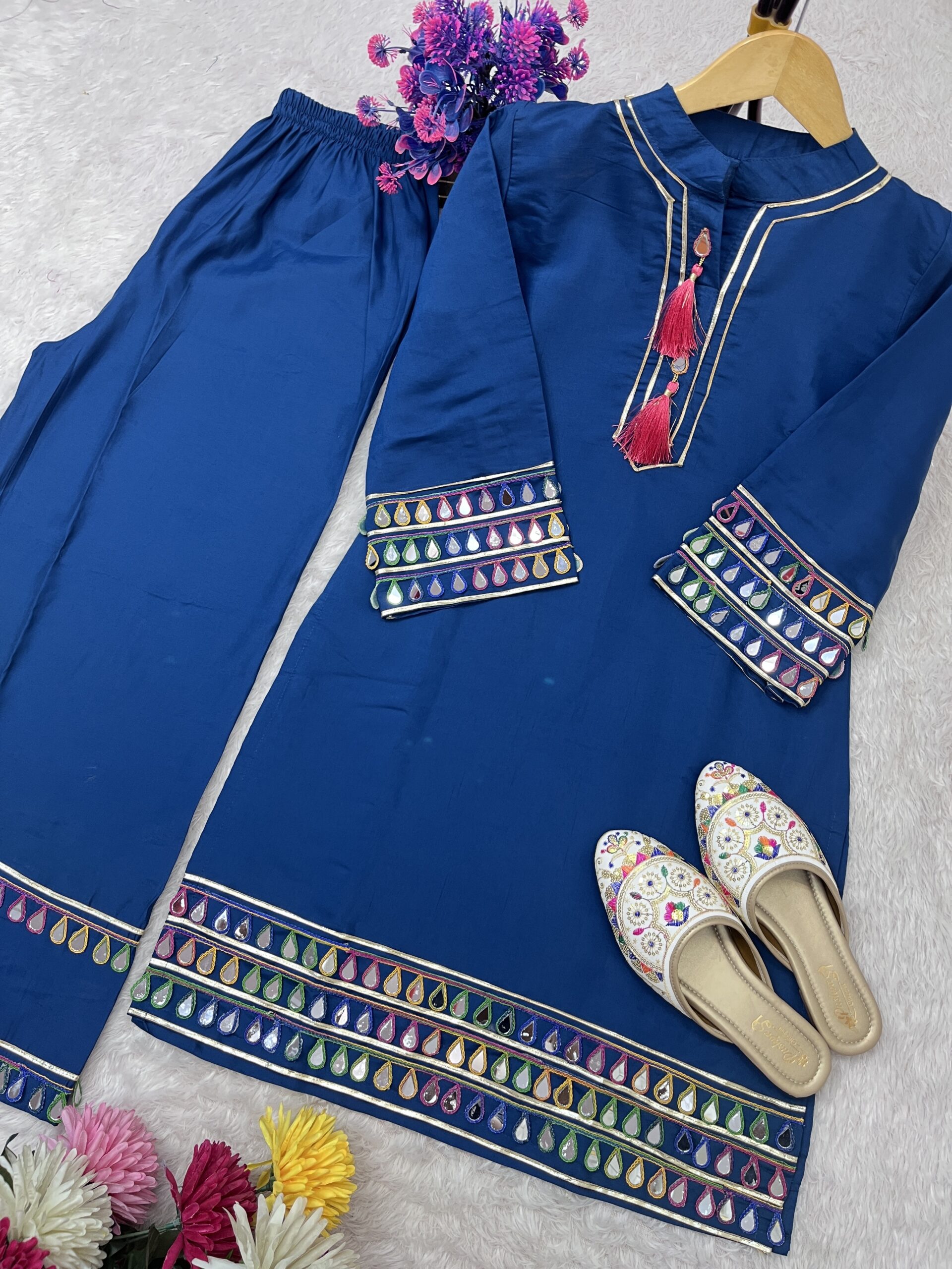 Royal Azure – Festival Special Roman Silk Farsi Palazzo Set with Real Mirror Work - Image 5