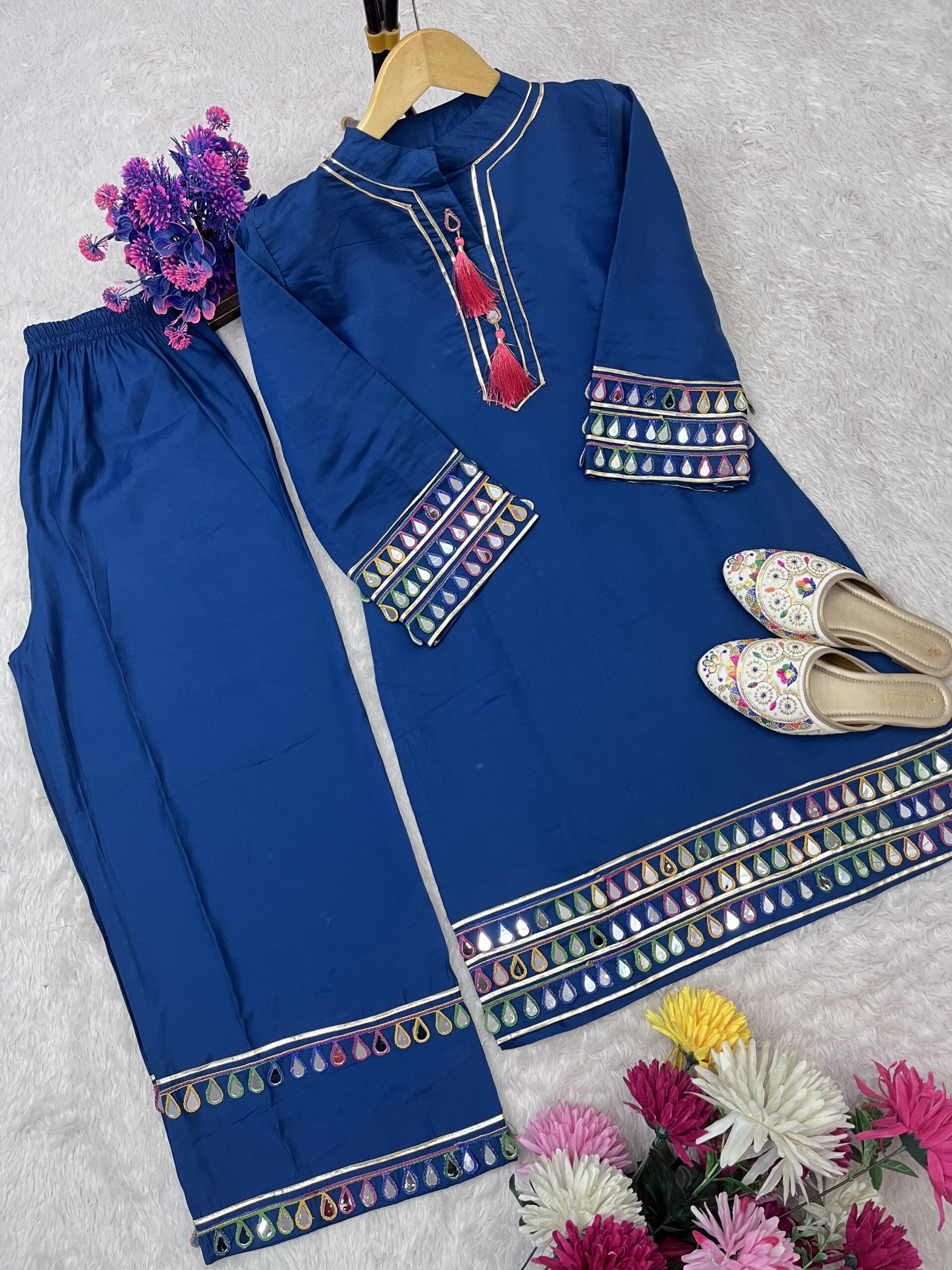 Royal Azure – Festival Special Roman Silk Farsi Palazzo Set with Real Mirror Work - Image 2