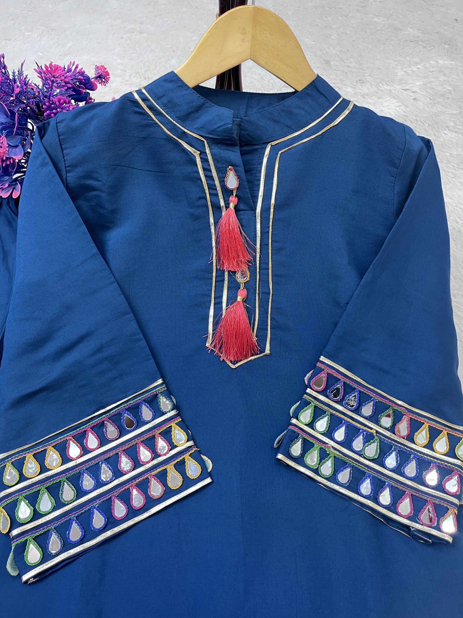 Royal Azure – Festival Special Roman Silk Farsi Palazzo Set with Real Mirror Work - Image 6