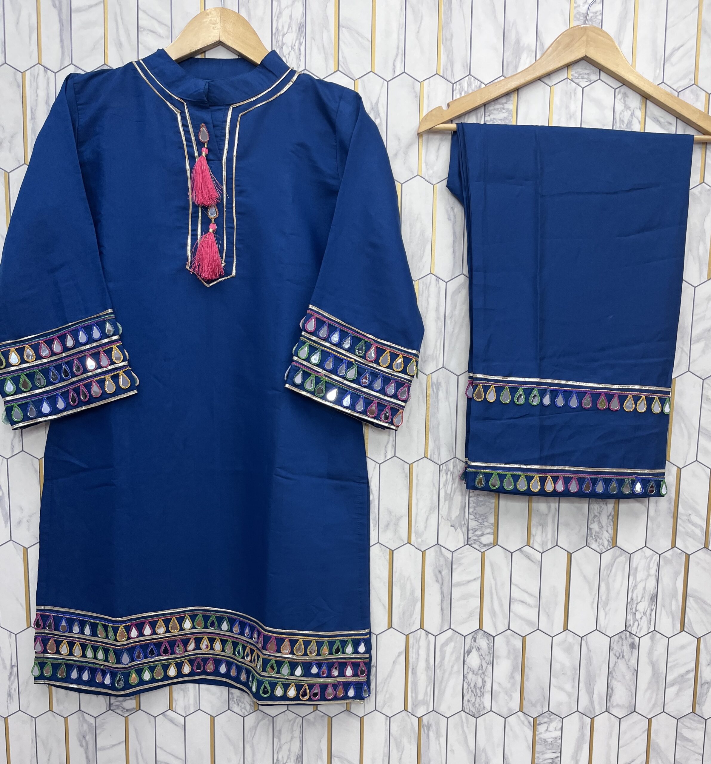 Royal Azure – Festival Special Roman Silk Farsi Palazzo Set with Real Mirror Work - Image 3