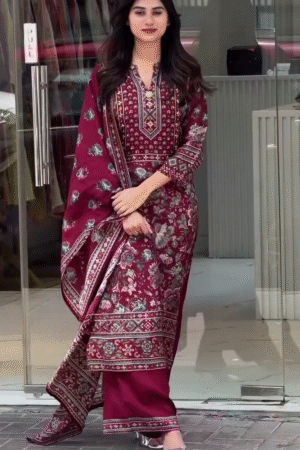 Maroon Bloom – Festival Special Maslin Silk Printed Suit with Palazzo & Dupatta