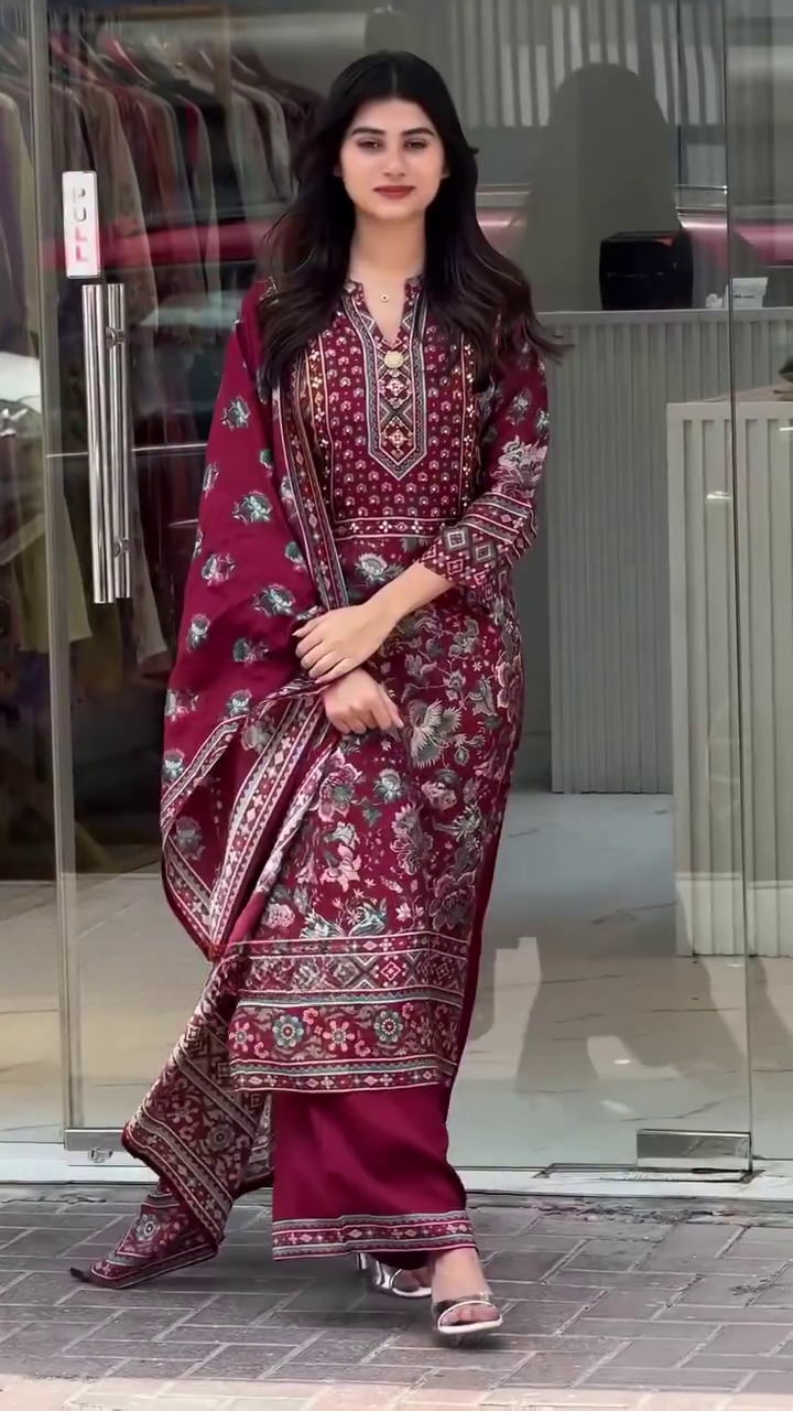 Maroon Bloom – Festival Special Maslin Silk Printed Suit with Palazzo & Dupatta