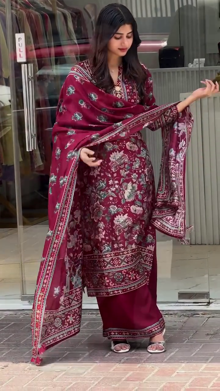 Maroon Bloom – Festival Special Maslin Silk Printed Suit with Palazzo & Dupatta - Image 2