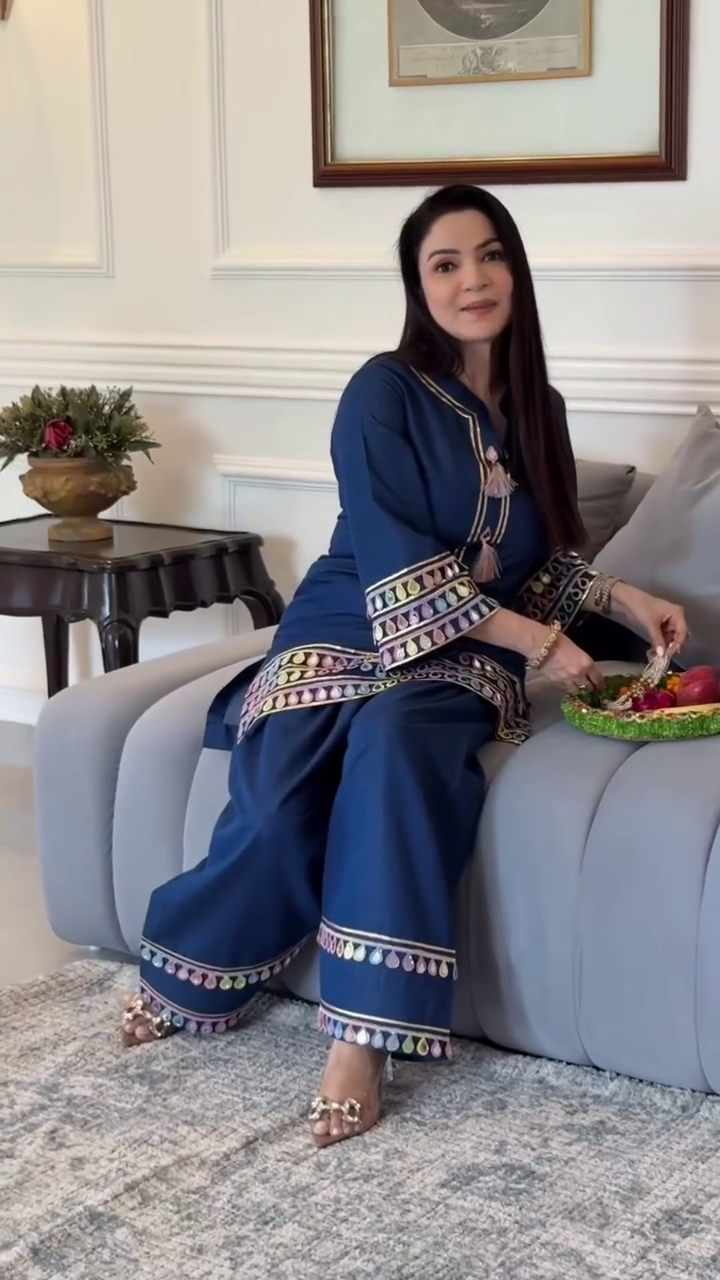 Royal Azure – Festival Special Roman Silk Farsi Palazzo Set with Real Mirror Work - Image 4