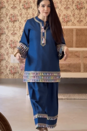 Royal Azure – Festival Special Roman Silk Farsi Palazzo Set with Real Mirror Work