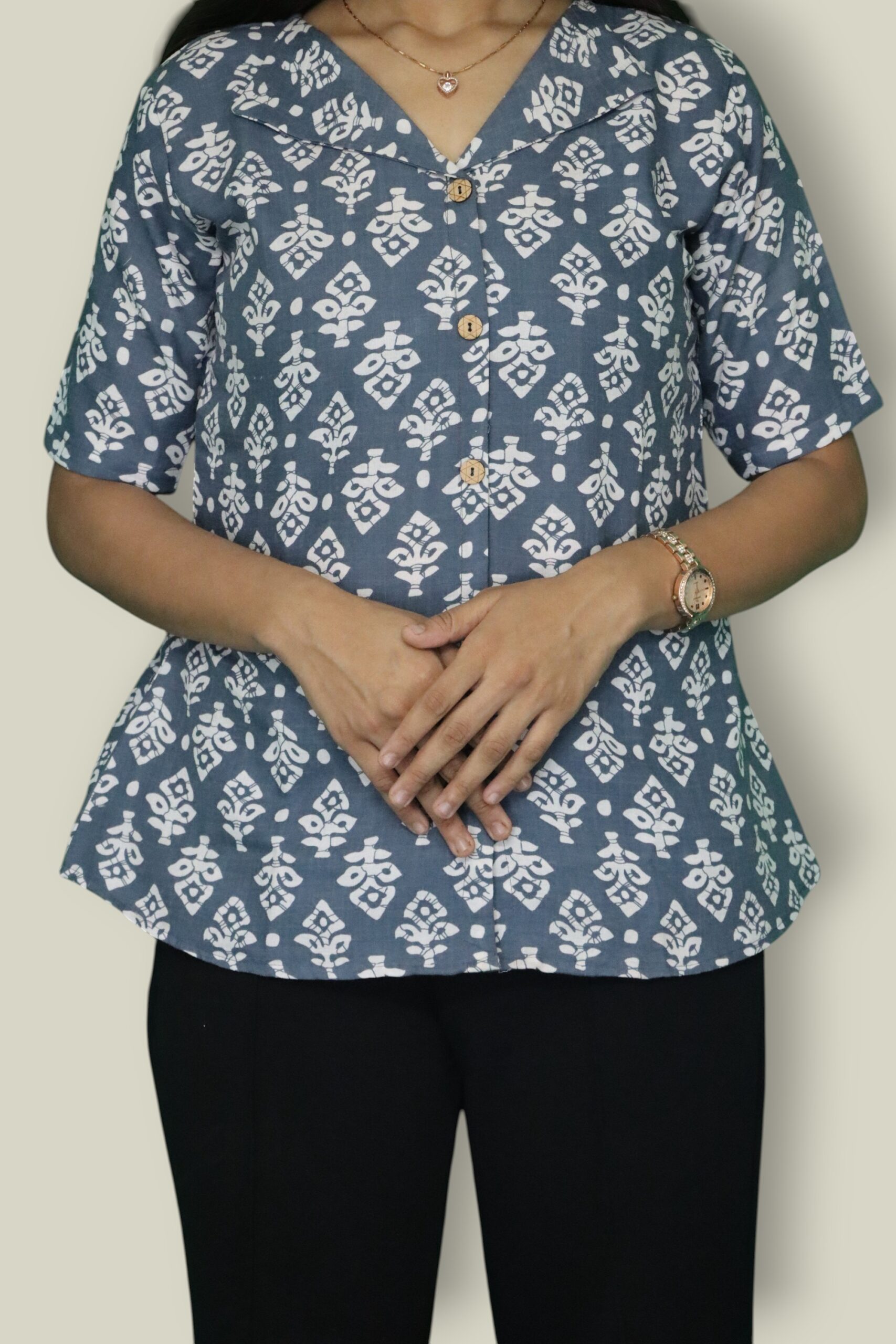 Indigo Bloom Cotton Notched Semi Shirt-Top - Image 4