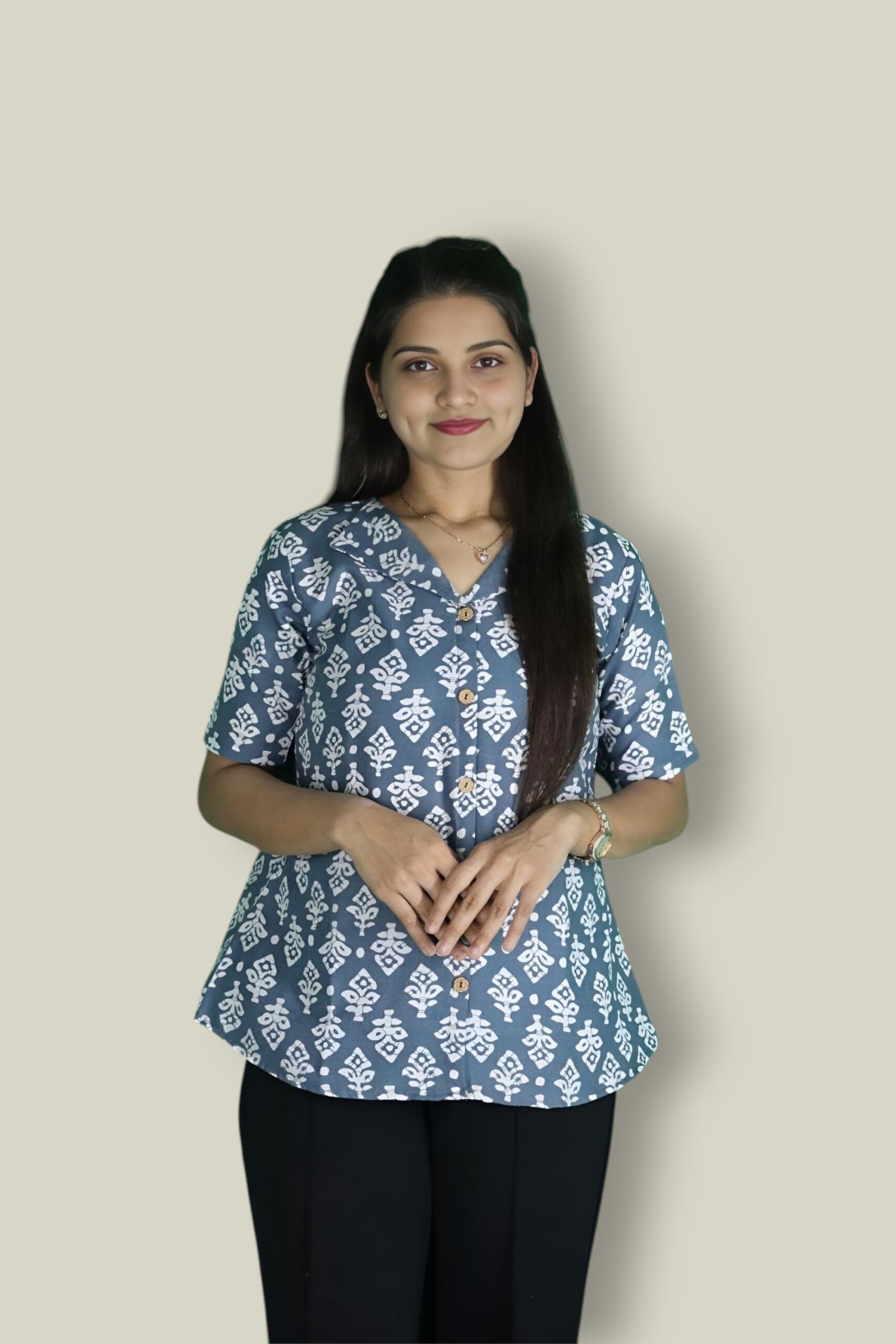 Indigo Bloom Cotton Notched Semi Shirt-Top