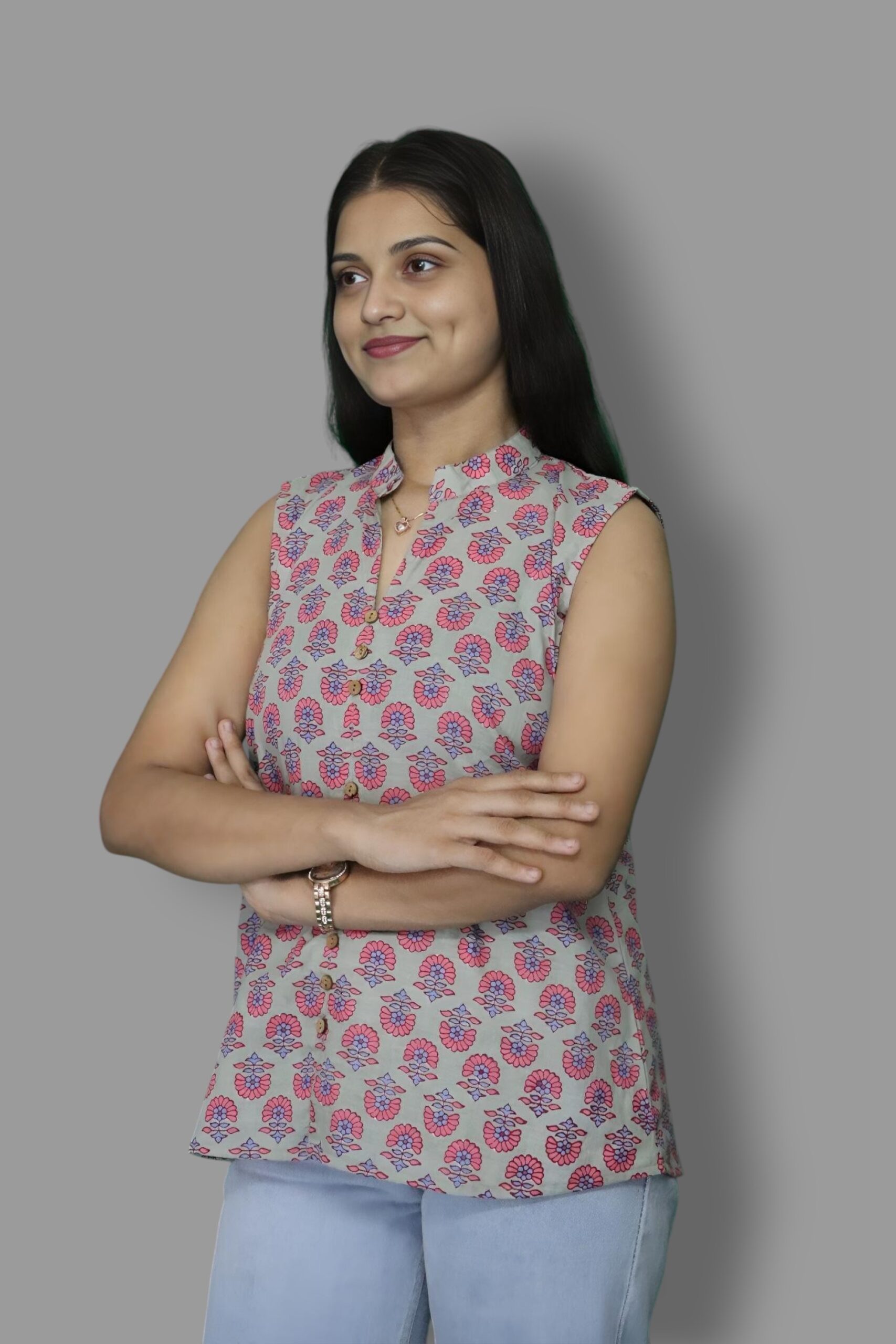 Dusty Green Bloom Sleeveless Cotton Top - Image 5