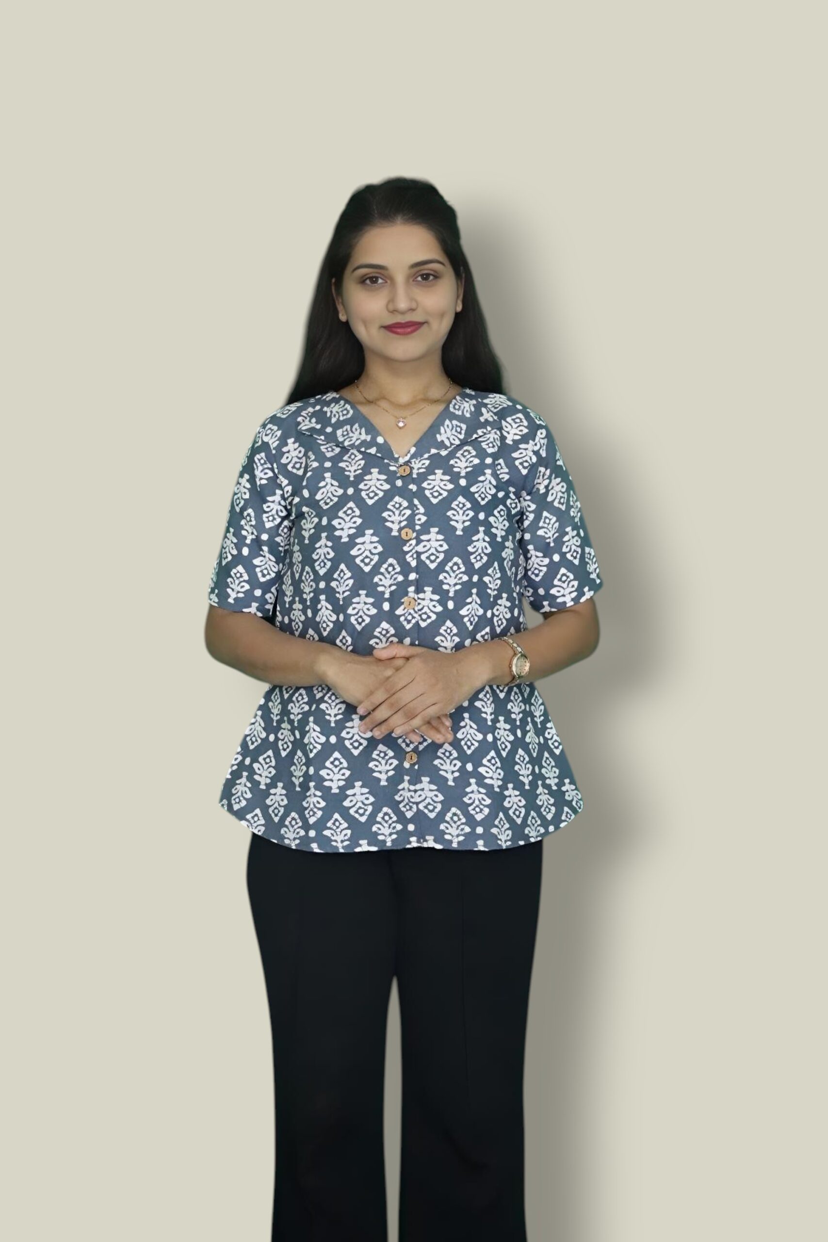 Indigo Bloom Cotton Notched Semi Shirt-Top - Image 5