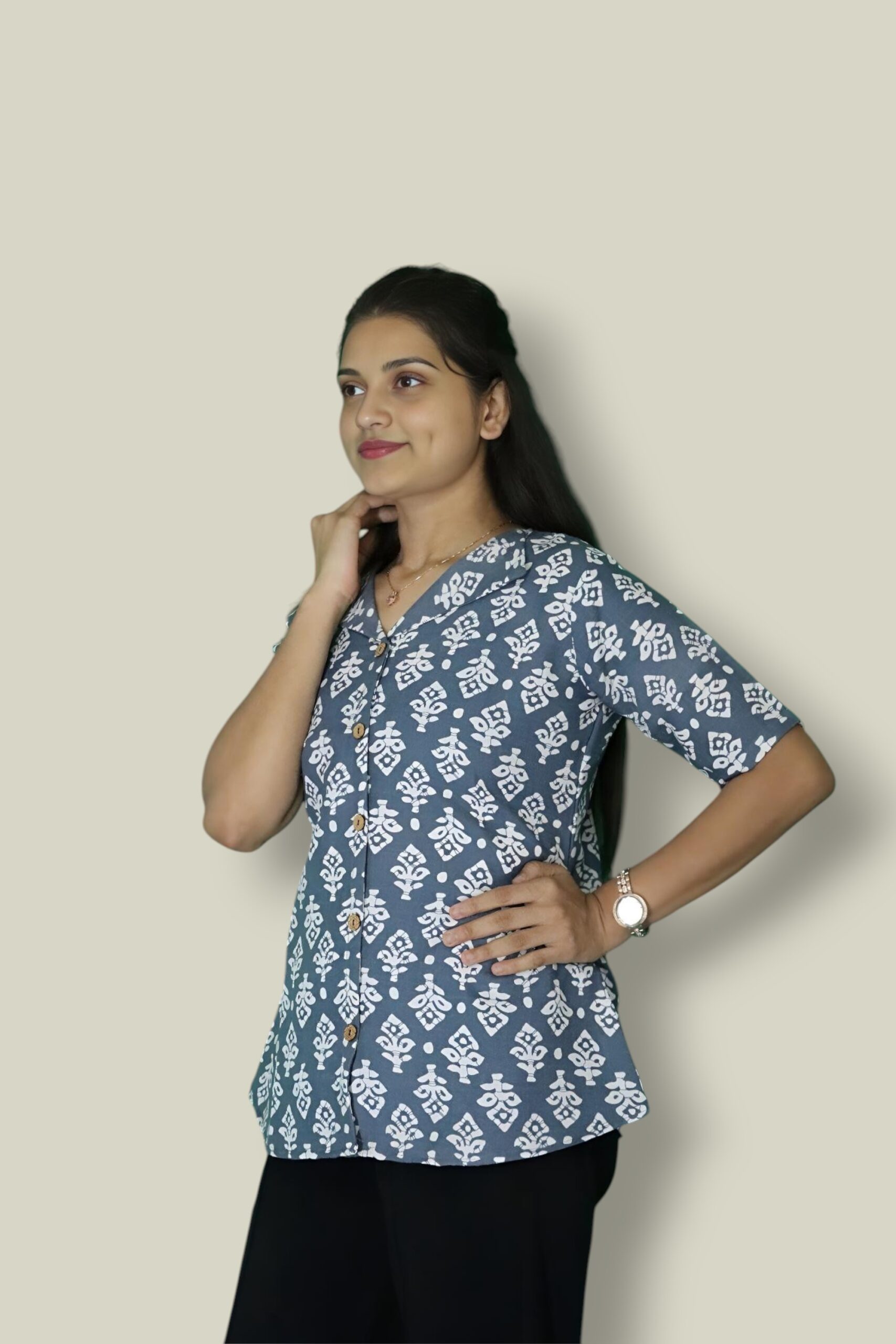 Indigo Bloom Cotton Notched Semi Shirt-Top - Image 2