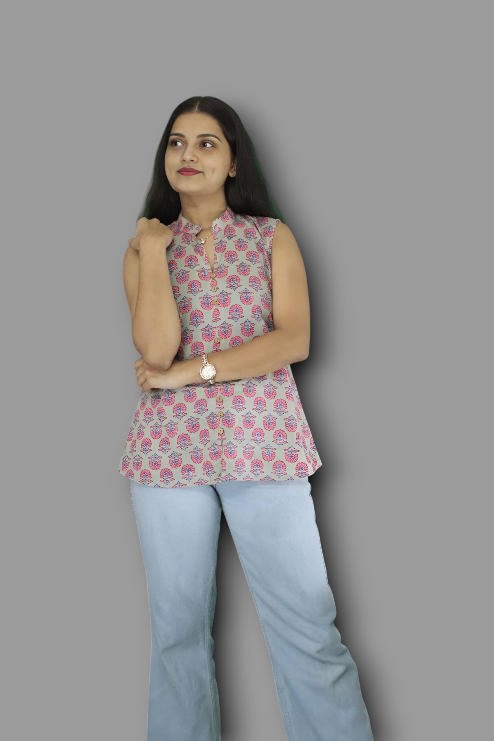 Dusty Green Bloom Sleeveless Cotton Top - Image 2